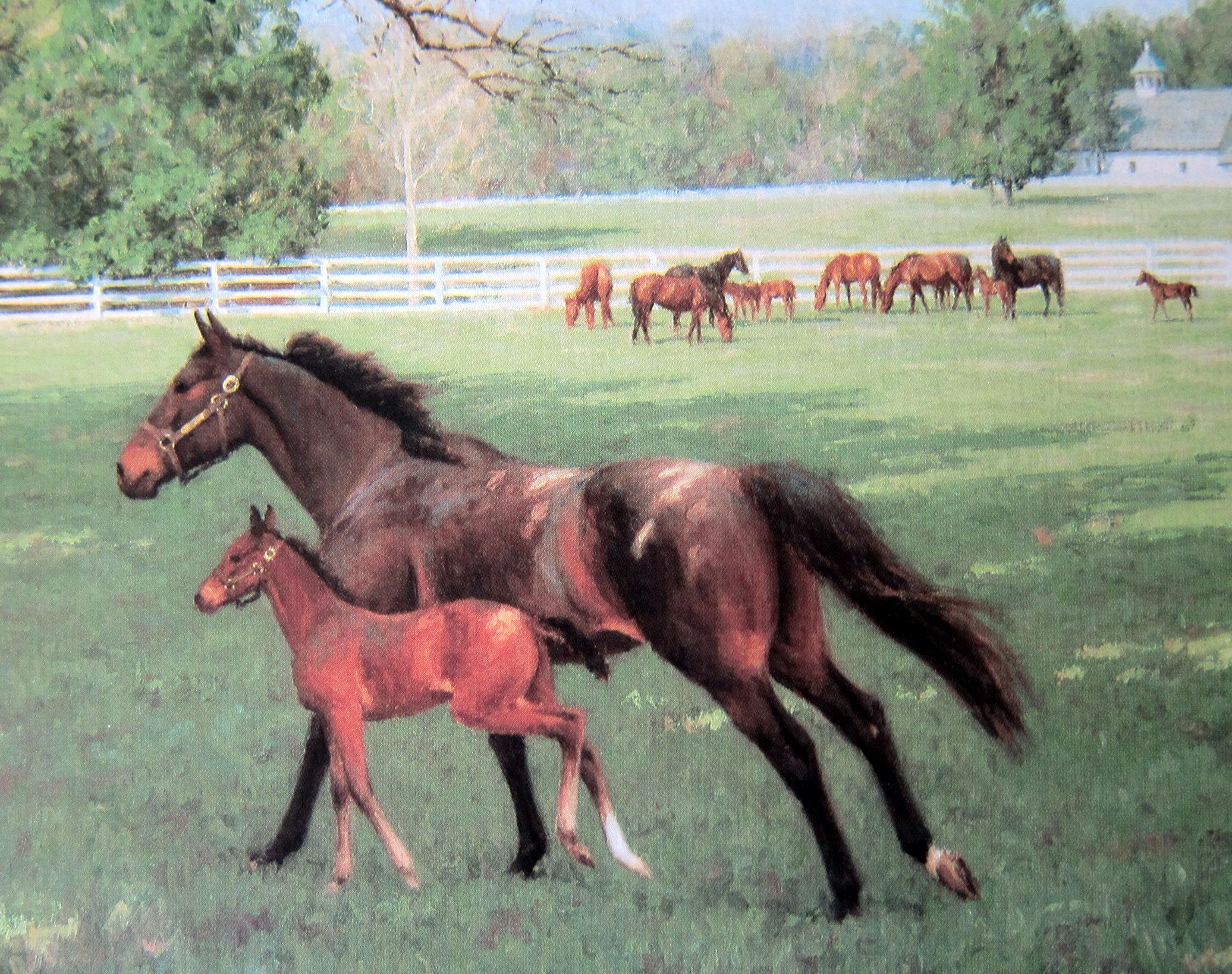 A beautiful soft painting of a large and small horse trotting together.